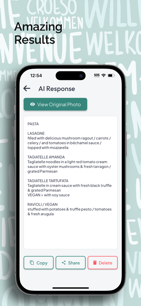 Smartphone screen showing a translated restaurant menu with pasta dishes using the AI Photo Translator app