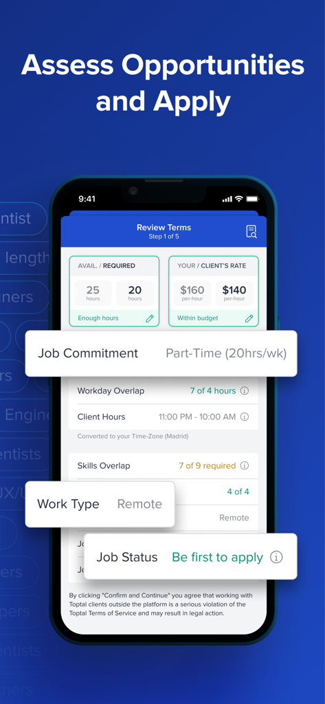 Interface do aplicativo Toptal Talent exibindo termos de emprego, incluindo taxas horárias, requisitos de disponibilidade e status de trabalho remoto para uma posição freelancer.