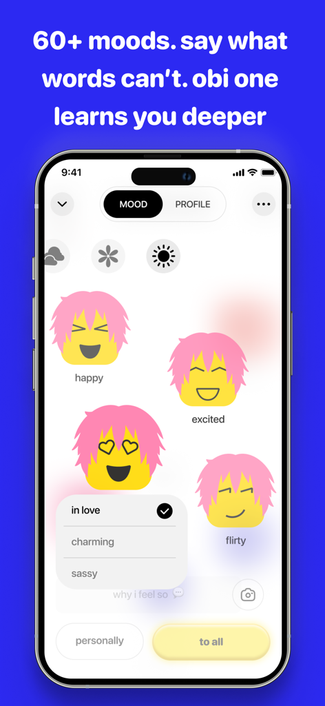 Interfaz de la aplicación Obimy que muestra avatares personalizables con diferentes expresiones faciales para compartir estados de ánimo