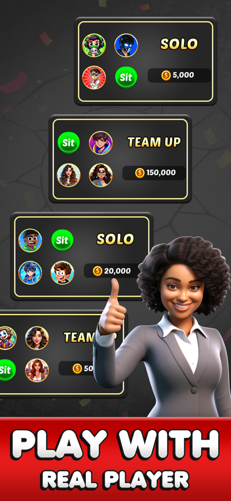 FLIP! Card Party with Friends - Solo and team up game modes in FLIP Card Party showing coin bets and real players