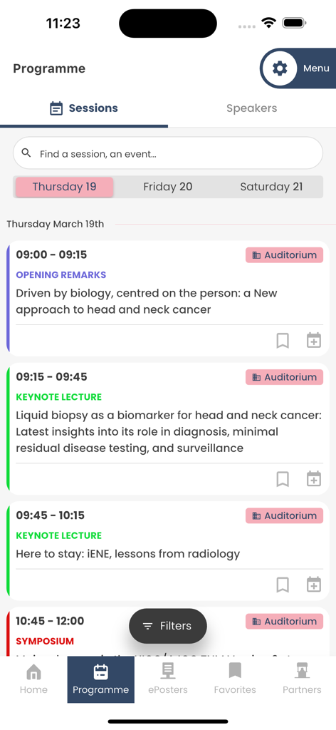 Captura de pantalla de la aplicación ICHNO 2026 que muestra las sesiones y el horario del programa científico.