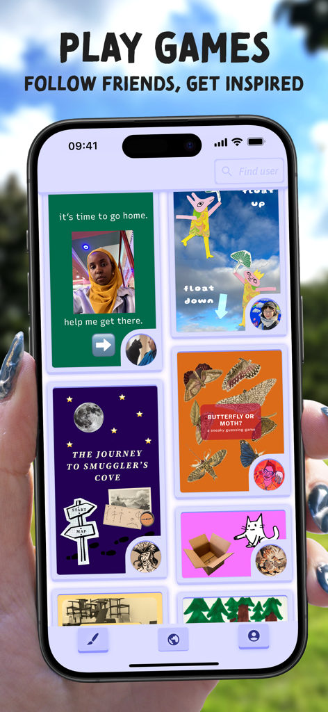Downpour — make a game - iPhone displaying a discovery feed of creative collage games made in the Downpour app