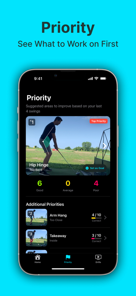 Sparrow Golf app interface showing prioritized AI swing analysis and biomechanical feedback for golfers