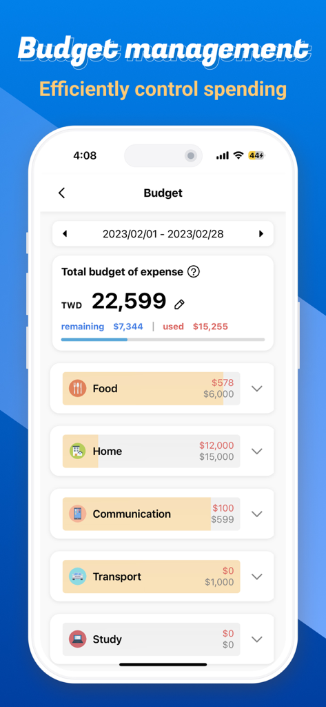 CWMoney app interface showing monthly budget management and expense tracking by category