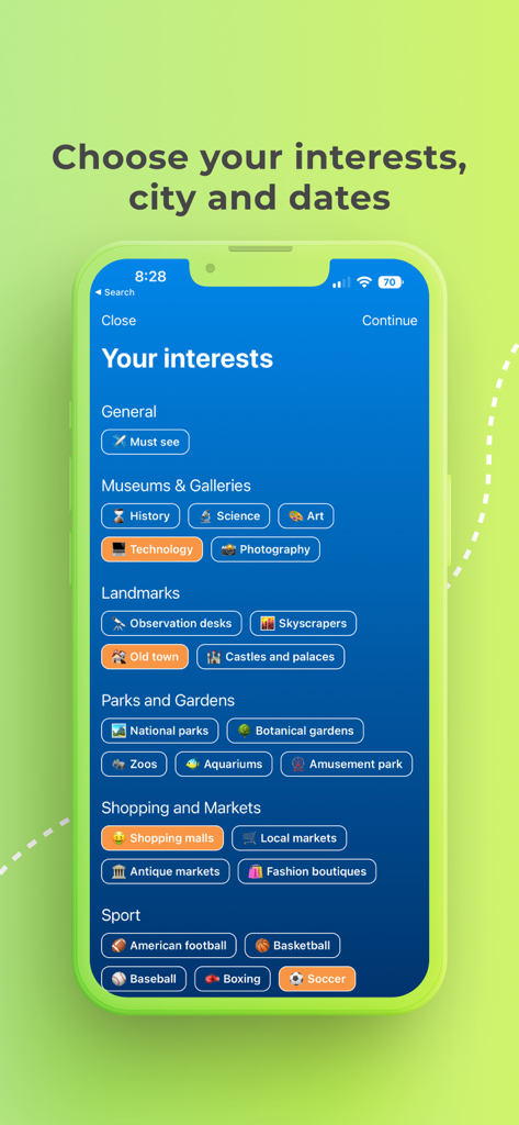 TripWise AI Travel Planner - Screen showing travel interest categories like museums and landmarks in the TripWise AI Travel Planner app.