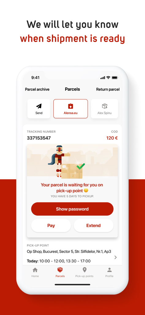 Packeta mobile App-Oberfläche, die eine Paketstatusaktualisierung anzeigt, die besagt, dass eine Sendung zur Abholung an einem Abholpunkt bereit ist.