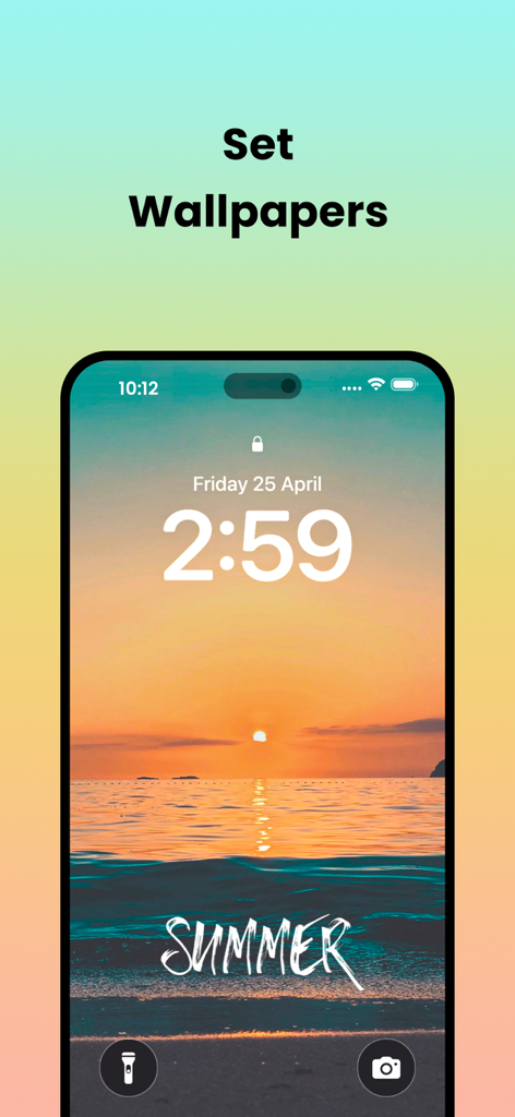 Theme Store - Theme Changer - iPhone lock screen with a summer sunset beach wallpaper and the word summer