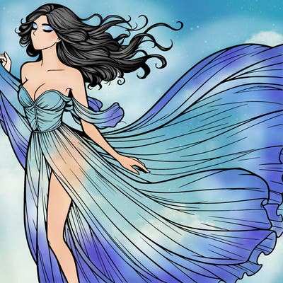 realistic woman in dress flowing the the wind