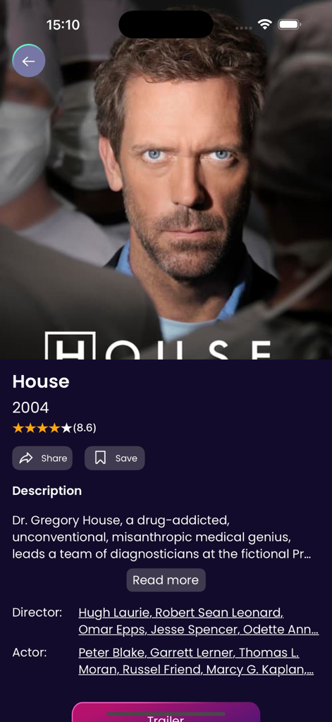 Interfaccia dell'app di film Reader Progre che mostra informazioni dettagliate, valutazioni e cast per la serie TV House.
