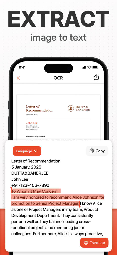 Scan Ace OCR을 사용하여 추천서를 이미지에서 편집 가능한 텍스트로 변환하는 스마트폰