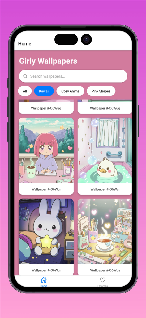 Girly Wallpapers: Pink & Cute - Interfaz de la aplicación Fondos de Pantalla Girly con opciones de fondos de pantalla estéticos kawaii y rosas