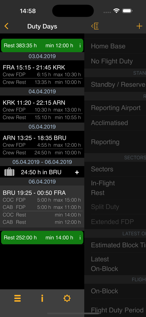 EASA FTL Calc - Interface of the EASA FTL Calc app showing duty days with flight duty period and rest time calculations for pilots and cabin crew.