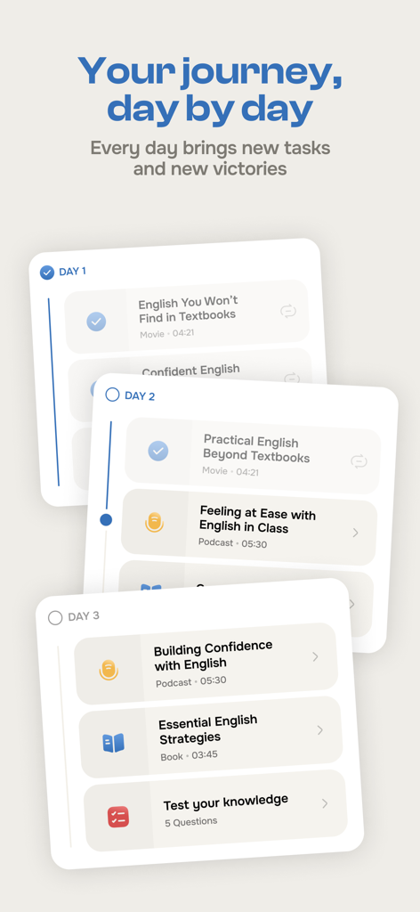 English Club - Daily Challenge - Interfaz que muestra un camino diario de aprendizaje de inglés con lecciones en video y podcasts para el éxito profesional.