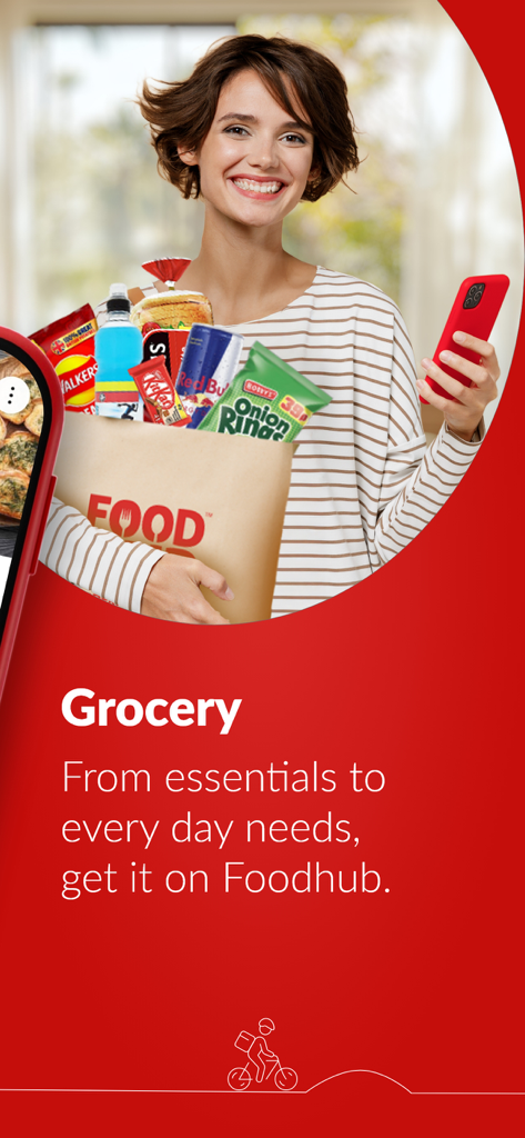 Smiling woman holding grocery bag and phone promoting Foodhub grocery delivery