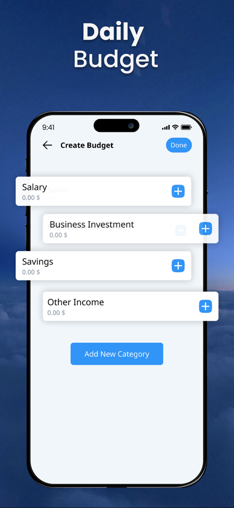 Pantalla de la aplicación móvil para crear categorías de presupuesto y rastrear fuentes de ingresos como salarios y ahorros