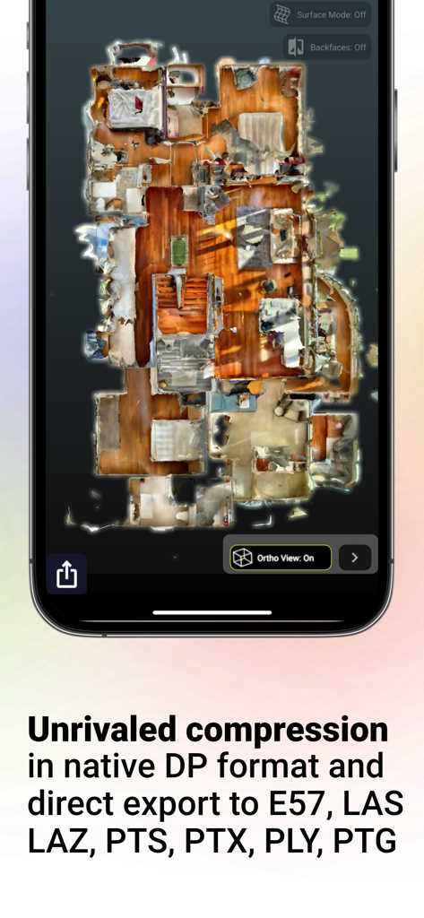 Dot3D - LiDAR 3D Scanning - Uma visão ortogonal de cima de um escaneamento 3D detalhado de uma casa em um dispositivo móvel usando o aplicativo Dot3D LiDAR