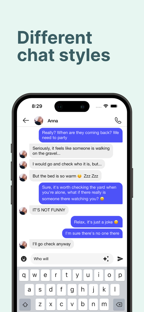 Smartphone-Bildschirm, der verschiedene Chat-Stile im Love Story Chat Texting Game anzeigt