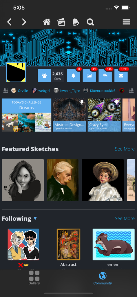 Sketch Club - The community screen of the Sketch Club app featuring daily art challenges and featured user sketches