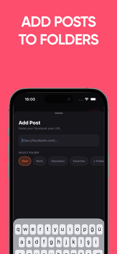 FBMate: Bookmark Manager - Interface do aplicativo mostrando como colar um URL de post do Facebook e selecionar uma pasta de categoria como Viral, Trabalho ou Educação.
