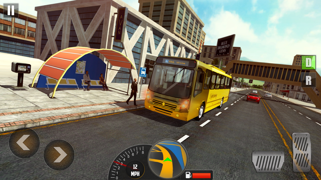 Bus Driver 2019 - Un autobús amarillo recogiendo pasajeros en una parada de autobús urbana en el juego de simulación Bus Driver 2019.