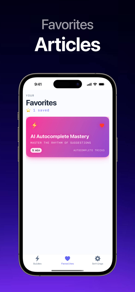 Guide for Lovable ai . - Mobile app screen showing the favorites section with a saved article on AI autocomplete mastery