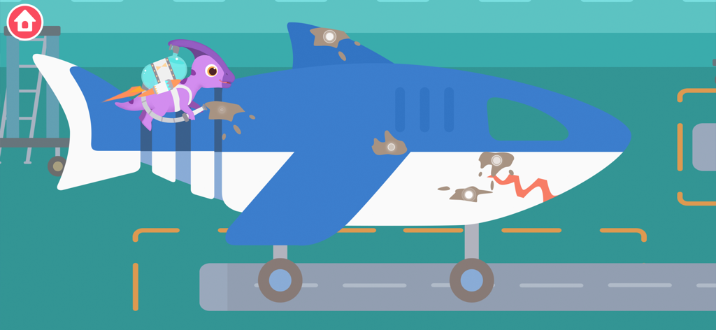 Un dinosaure violet avec un jetpack réparant un avion en forme de requin