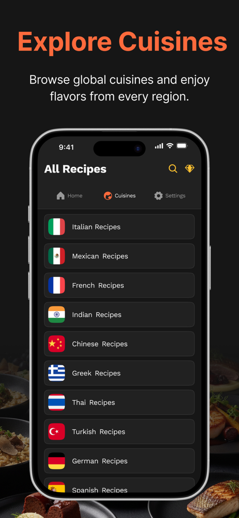 allrecipes ® - Un menú en la aplicación All Recipes que enumera cocinas globales como italiana, mexicana y china con iconos de banderas