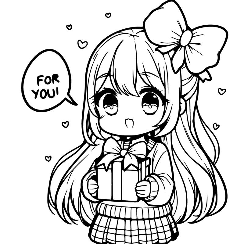 cute manga girl holding a gift saying for you