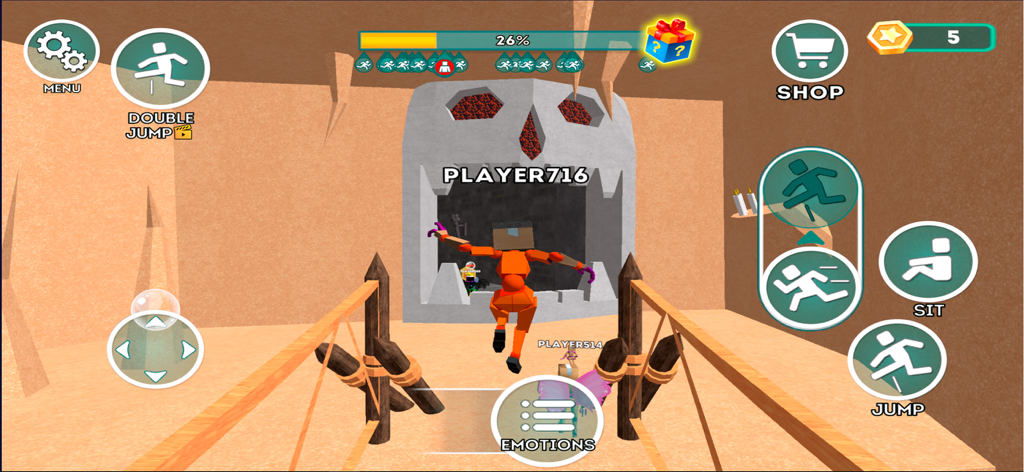 Obby Online Parkour World - Blocky character jumping toward a giant skull entrance in an online parkour obstacle course.