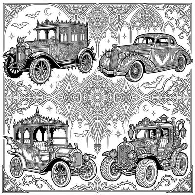 Dive into a world where classic automobiles meet dark elegance with this unique coloring page. Featuring vintage cars intricately adorned with Gothic patterns, Victorian lace, and mysterious details, it promises a captivating artistic escape.