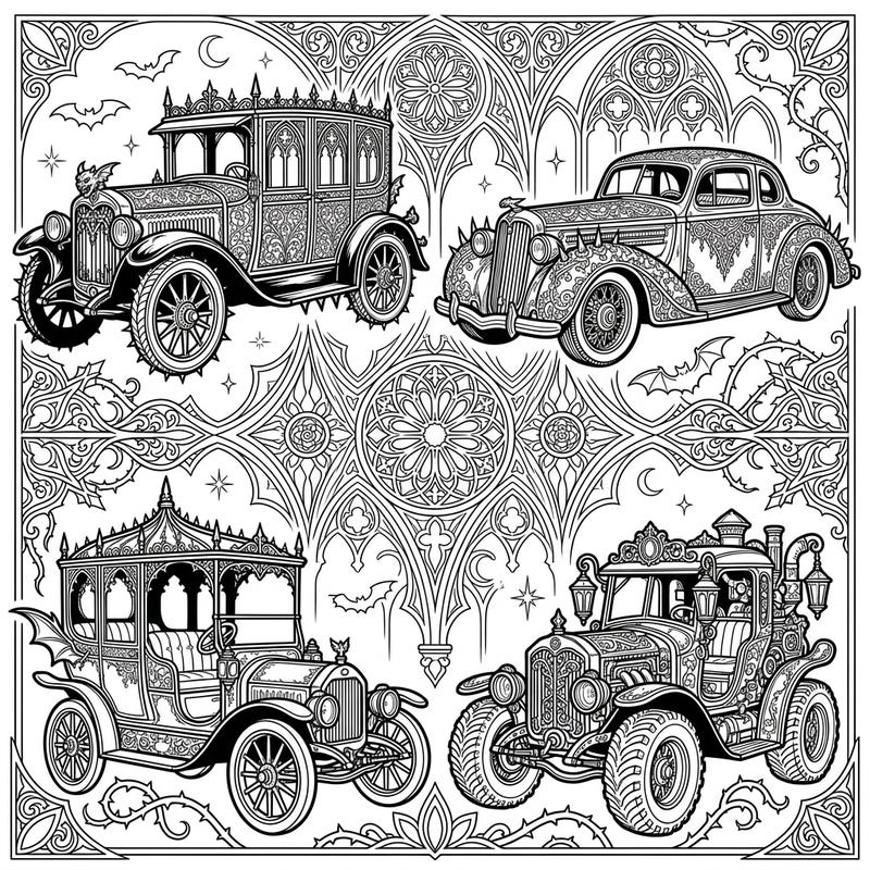 Dive into a world where classic automobiles meet dark elegance with this unique coloring page. Featuring vintage cars intricately adorned with Gothic patterns, Victorian lace, and mysterious details, it promises a captivating artistic escape.