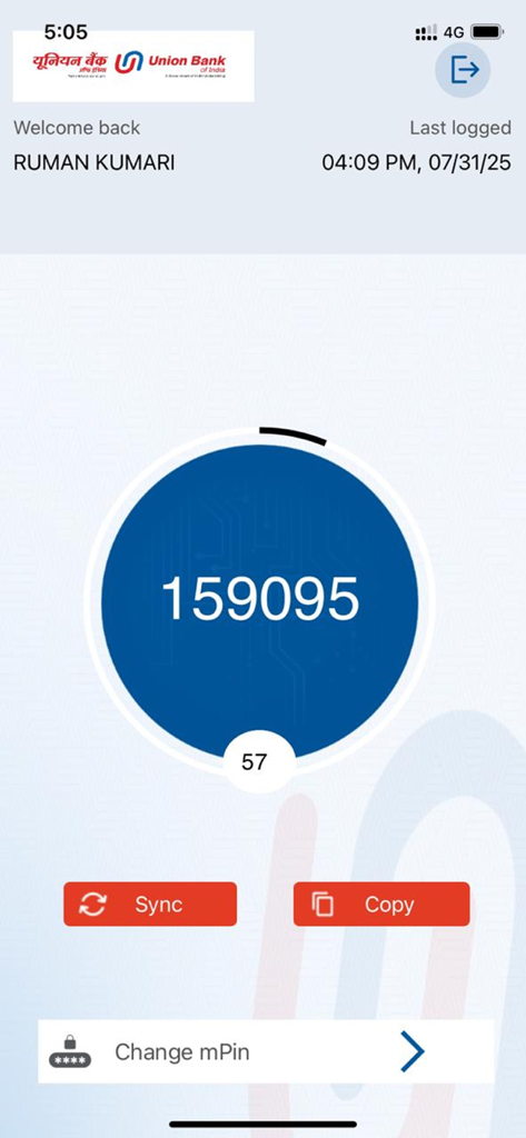 Union Bank of India U-Token app interface showing a 6-digit one-time password with a countdown timer and buttons to sync or copy the code.