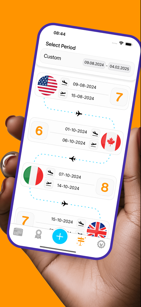Nomad: Smart Travel Assistant - A visual travel history log showing trip dates and stay durations for different countries in the Nomad app