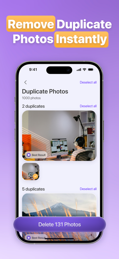 Memorra Cleaner - Interface de l'application Memorra Cleaner montrant la détection de photos en double et un bouton de suppression sur un écran d'iPhone