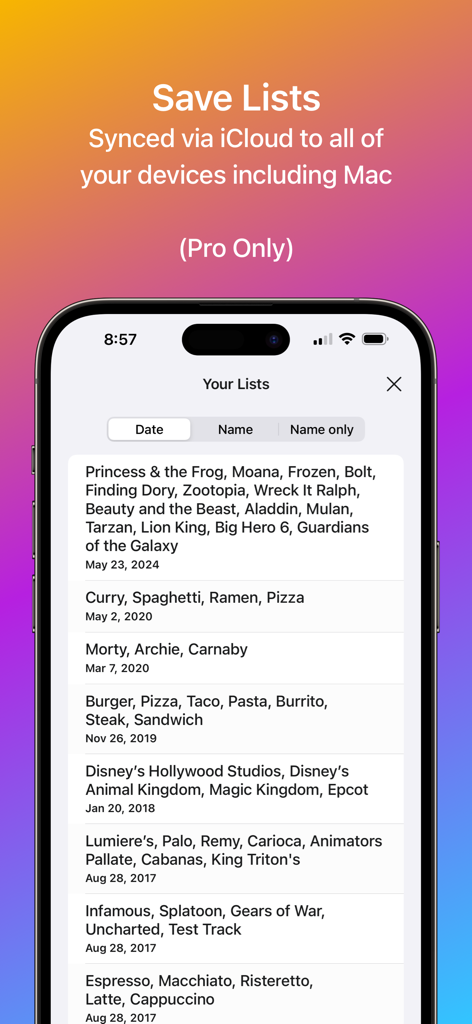 Randomizer - Interface de l'application Randomizer montrant une collection de listes enregistrées avec synchronisation iCloud sur différents appareils