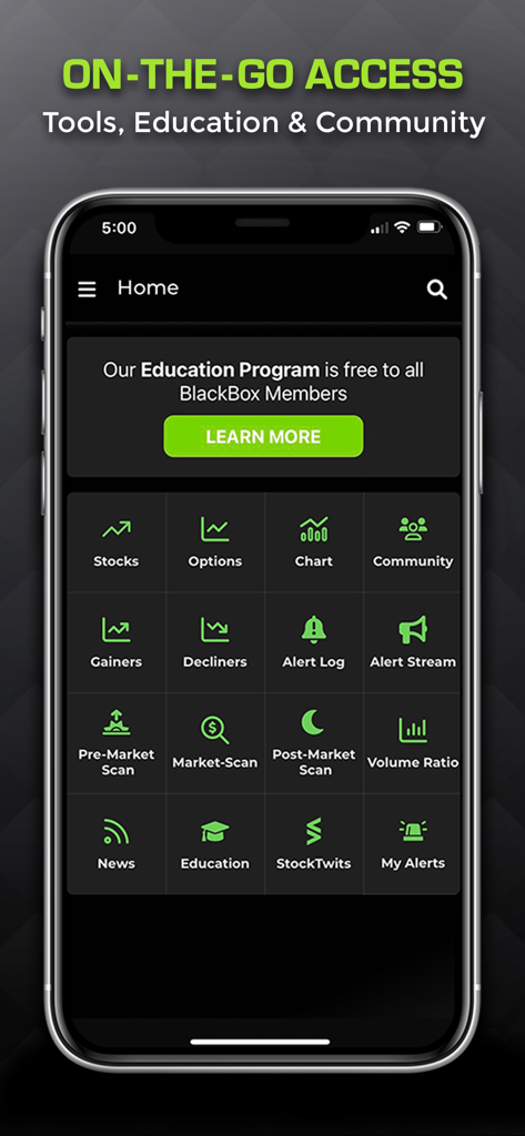 BlackBoxStocks mobile app home screen displaying a grid of trading tools including stocks options charts and market scans