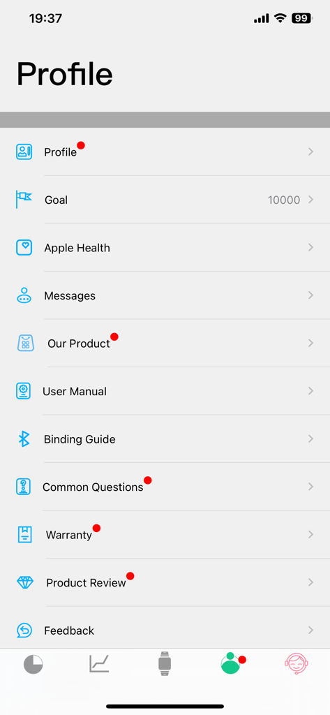 Screenshot of the HanFit app profile screen showing menu options for goals, Apple Health integration, user manual, and product warranty.