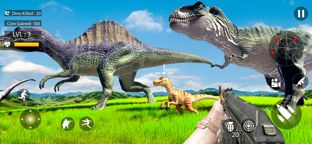Dino hunter Deadly Monster - First person shooter view of hunting dinosaurs with an assault rifle in a grassy landscape