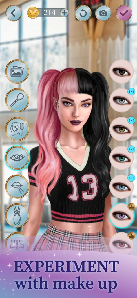 Fashion Girls Dress Up Game - ファッションゲームのアバターの目の色と髪型のオプションを示すキャラクターカスタマイズ画面