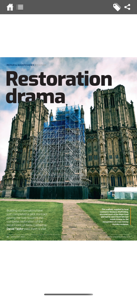 Magazine article titled Restoration drama showing scaffolding on a historic cathedral facade