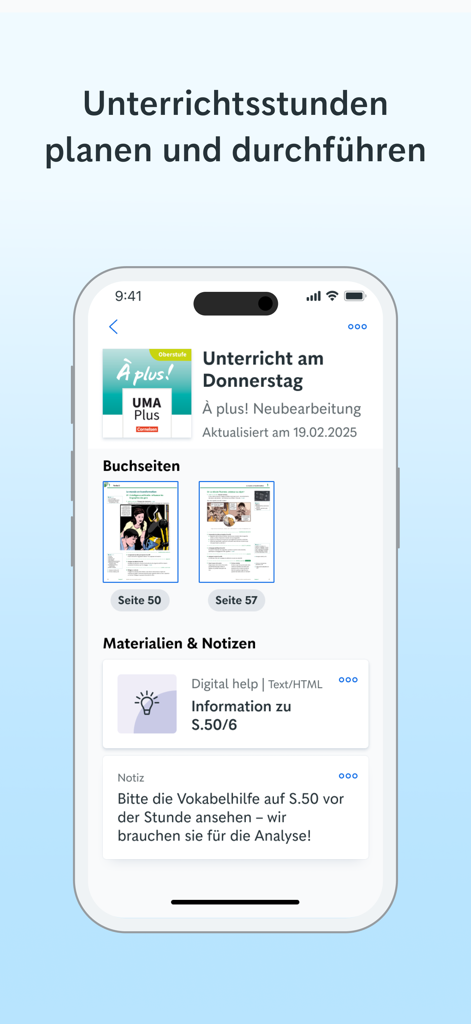 Cornelsen Lernen - Oberfläche der Cornelsen Lernen App, die einen digitalen Unterrichtsplan mit Lehrbuchseiten und Lernnotizen zeigt