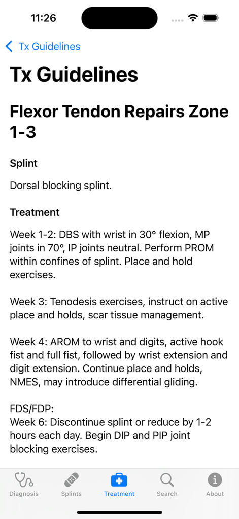 Pantalla de la aplicación Hand Therapy Rx que muestra guías de tratamiento clínico para reparaciones de tendones flexores zonas 1-3