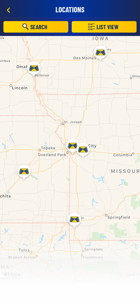 Map view of the Blue Beacon app showing truck wash locations across the Midwest