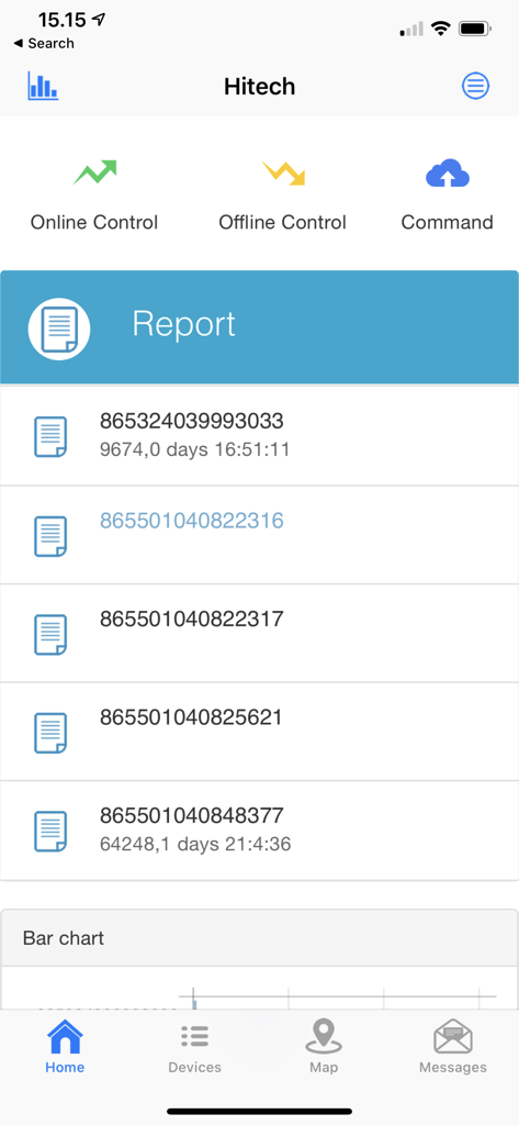 Hitech - Hitech 모바일 앱 인터페이스에 장치 보고서 목록과 자산 관리 컨트롤이 표시됩니다.