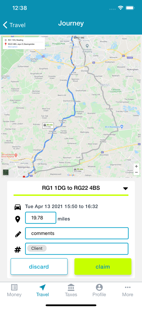 "untied" - personal tax app - Tela móvel mostrando um mapa de viagem e um formulário de solicitação de quilometragem no aplicativo de impostos untied