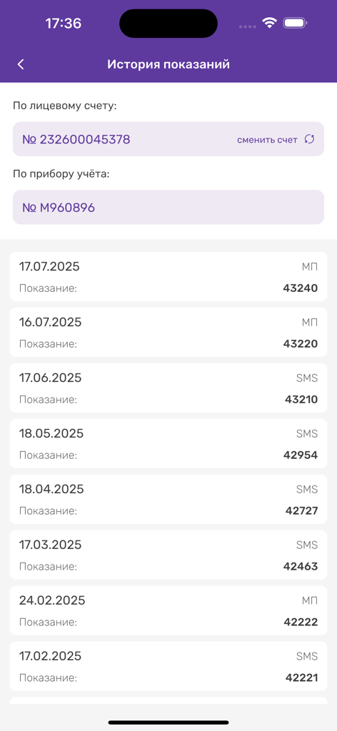 НЭСК - Historial de lecturas del contador de electricidad que se muestra en la aplicación móvil NESK.
