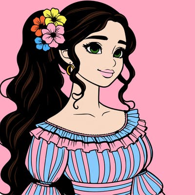 a single latina woman with a side ponytail and a long dress with ruffles. she has a few discreet flowers in her hair. realistic