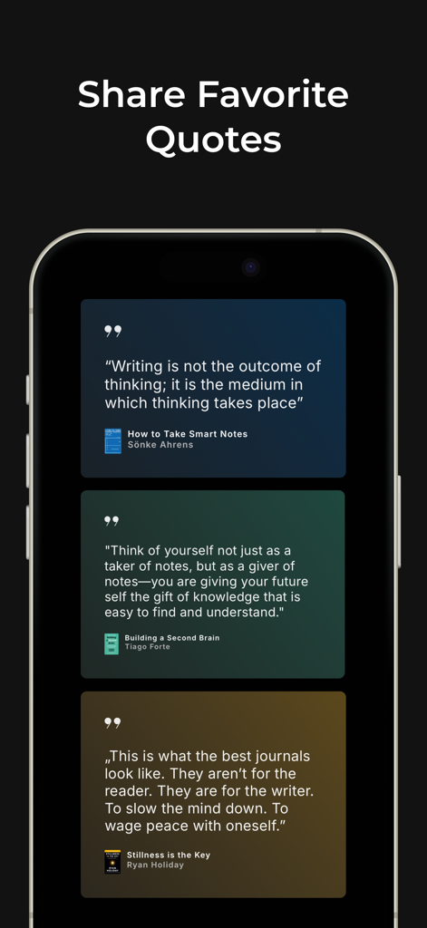 BookNote - Book Tracker & TBR - Una interfaz móvil de BookNote que muestra tarjetas de citas de libros compartibles con diferentes colores de fondo.