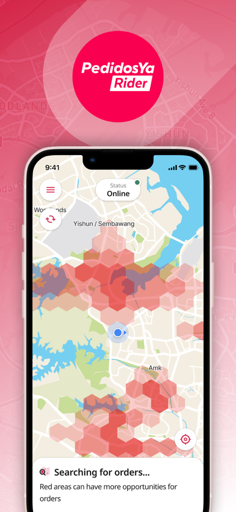 PedidosYa Rider - Interface of the PedidosYa Rider app showing a city map with a red demand heatmap indicating high-order areas for delivery drivers.
