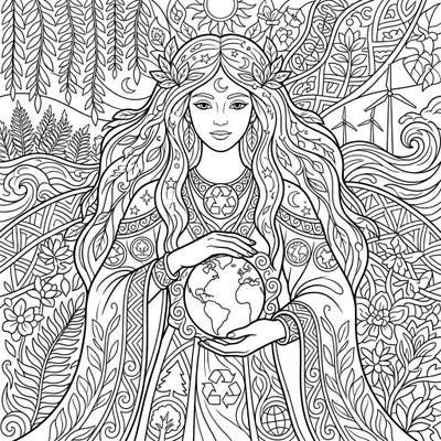 Bring our planet's spirit to life with this intricate Earth Day personification coloring page. Featuring a benevolent nature deity cradling the Earth, it's perfect for celebrating environmental awareness.